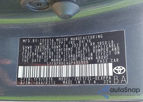 2016 Toyota Corolla Le Plus из США, поврежденный, VIN 5YFBPRHE4GP495909